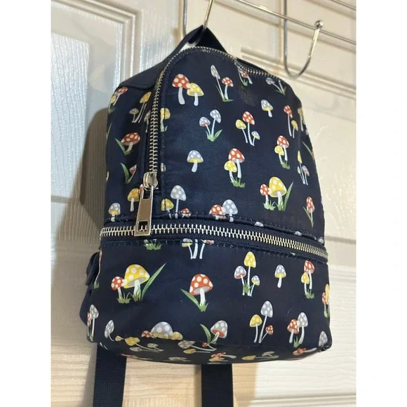 Navy Blue Mushroom Print Mini Backpack Cottagecore Nylon Small Bag - Picture 3 of 8